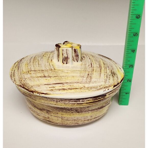 Vernonware Mid Century Brown, Ivory Yellow Ceramic Serving Dish w Lid 7x4.5 - Picture 9 of 9